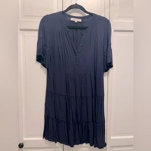 Loft Size Small Swing Dress Navy Tier Flounce V-Neck Dress